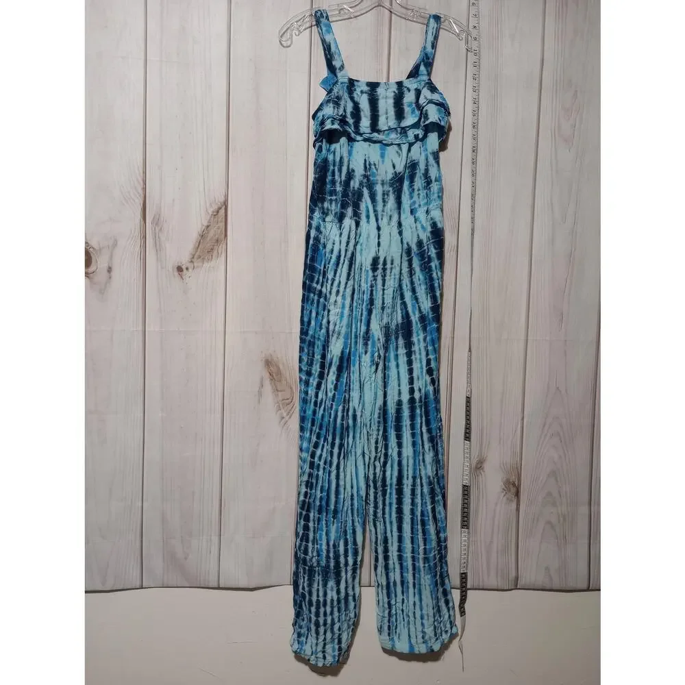 Justice‎ Girls Blue Tie Dye Ruffle Sleeveless Jumpsuit Size 14 Rayon Wide Leg